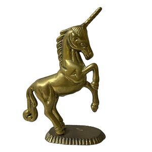 Vintage MCM Mid Century Solid Brass Unicorn Statue Figurine 6” tall Home Decor
